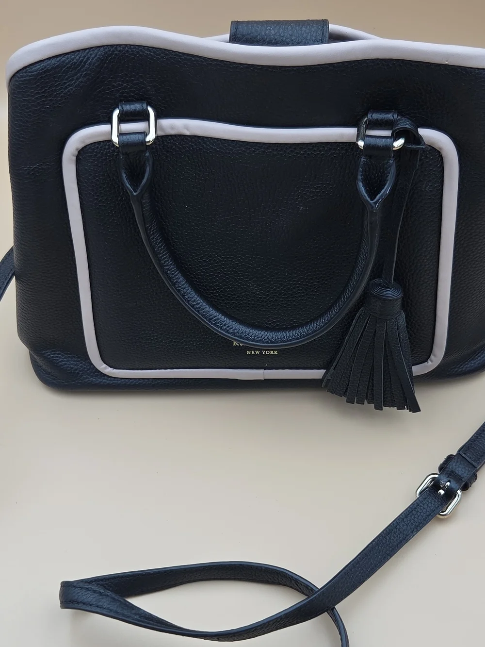 kate spade Black Leather Satchel with Cream Trim and Tassel